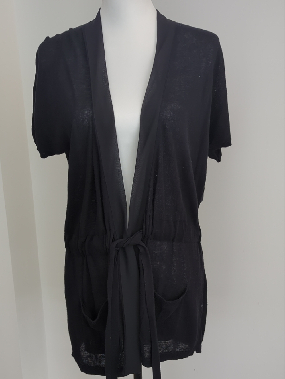 Dana Buchman Black Short Sleeve Belted Open Front Duster Cardigan Sweater LARGE